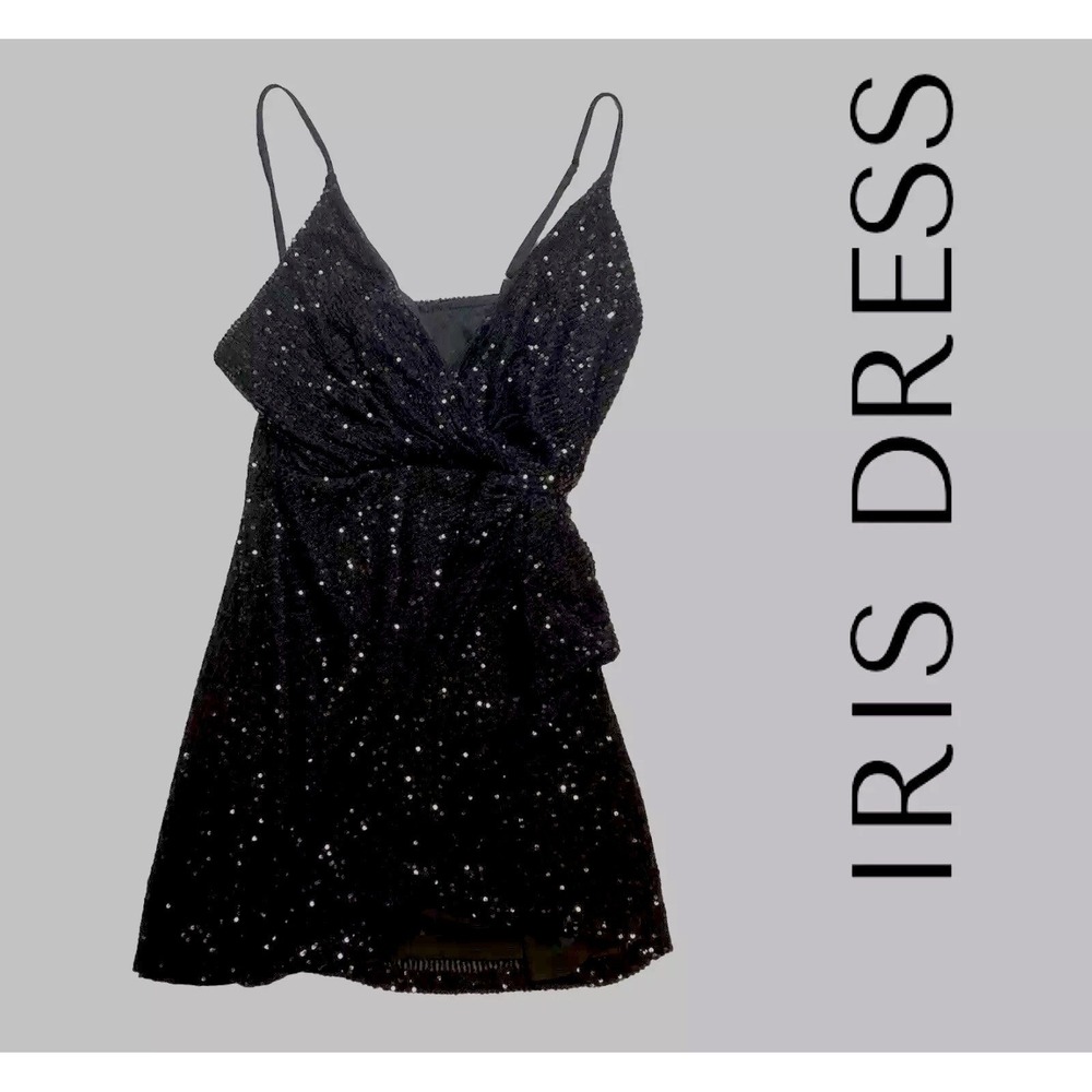 IRIS - Black Sequins Dress Adjustable Spaghetti Straps Large Asymmetrical Front